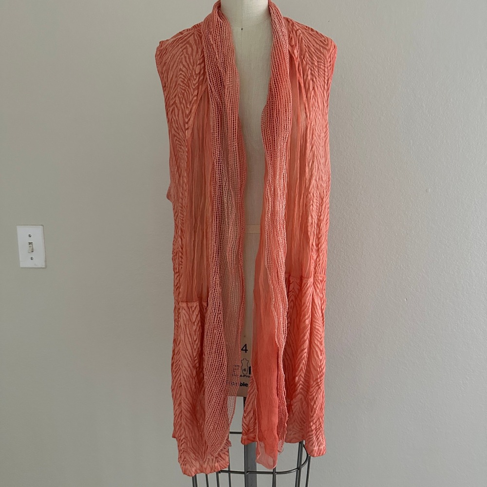 Chico's Open Front Vest Women Size 3 Coral Pink Zebra Print Mesh Trim Longline
